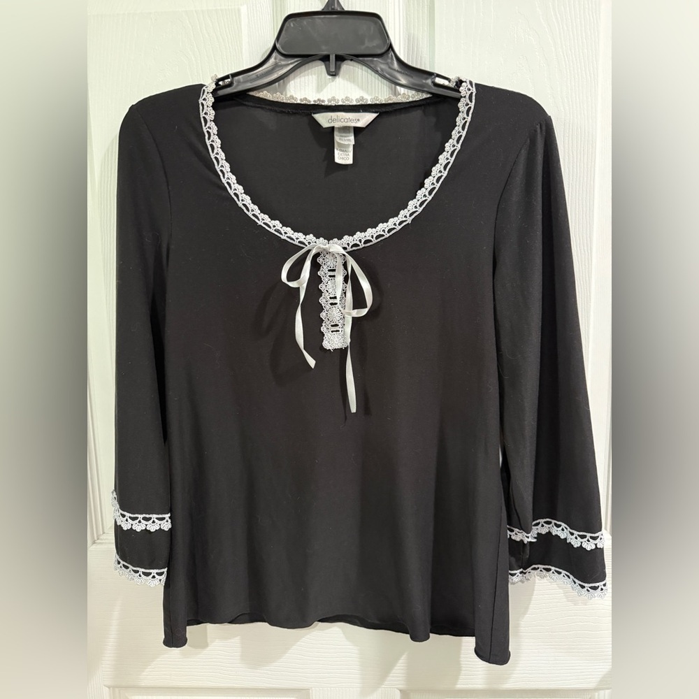 Delicates Black Blouse with White Lace Accents Ribbon Bow Coquette Cottagecore